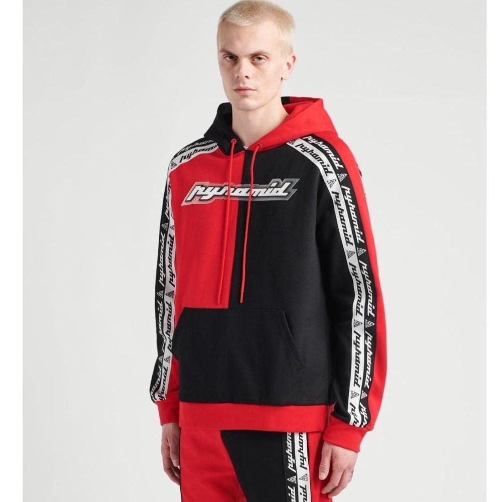 Black Pyramid Cloned Taping Hoodie‎ Black Red NWT Mens Large